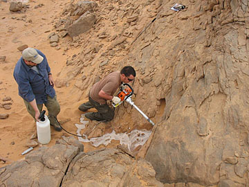 Libya: Taking field samples for porosity and permeability, fieldwork on the Ordovician of Libya.